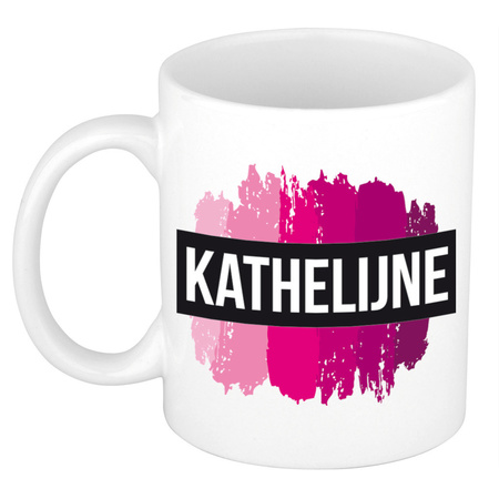 Name mug Kathelijne  with pink paint marks  300 ml