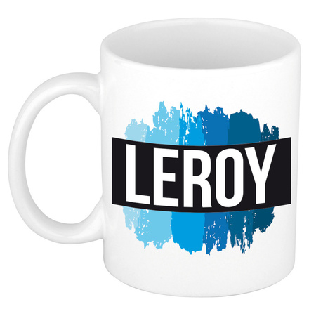 Naam cadeau mok / beker Leroy met blauwe verfstrepen 300 ml