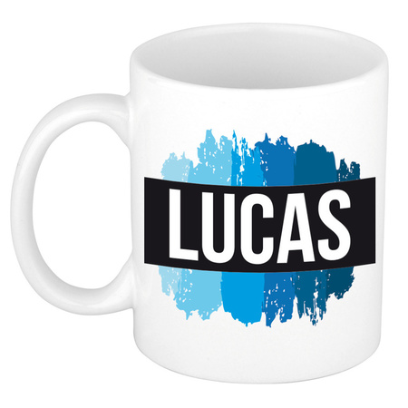 Name mug Lucas with blue paint marks  300 ml
