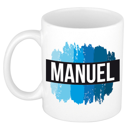 Naam cadeau mok / beker Manuel met blauwe verfstrepen 300 ml