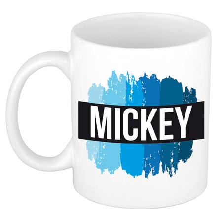 Naam cadeau mok / beker Mickey met blauwe verfstrepen 300 ml