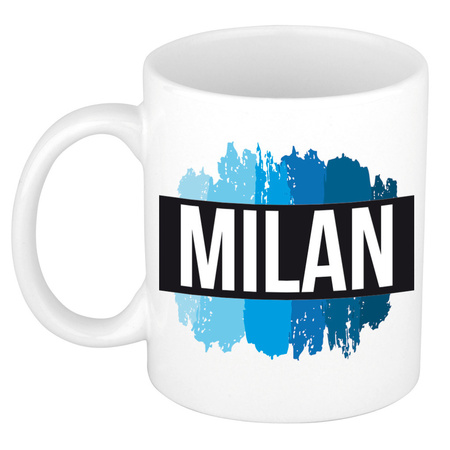 Naam cadeau mok / beker Milan met blauwe verfstrepen 300 ml