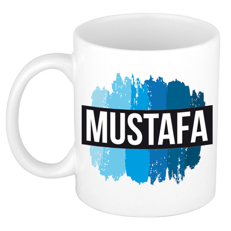 Naam cadeau mok / beker Mustafa met blauwe verfstrepen 300 ml
