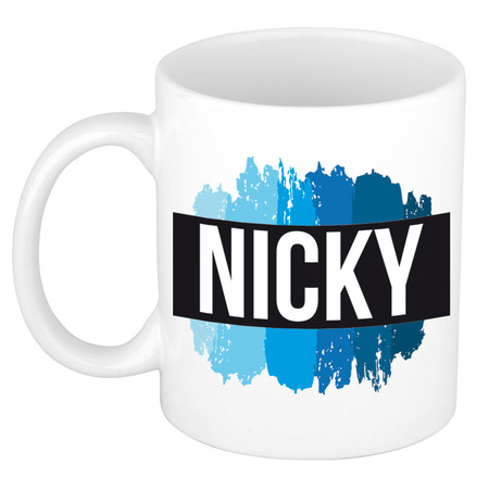 Naam cadeau mok / beker Nicky met blauwe verfstrepen 300 ml