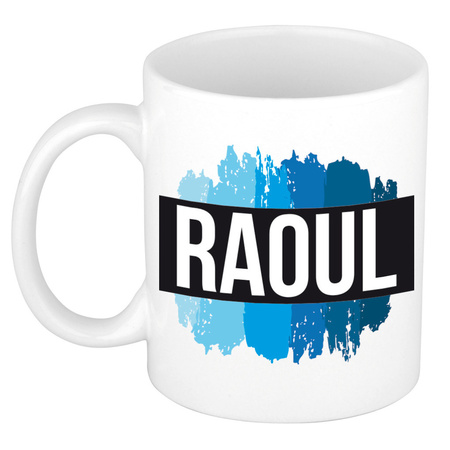 Naam cadeau mok / beker Raoul met blauwe verfstrepen 300 ml