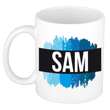 Name mug Sam with blue paint marks  300 ml