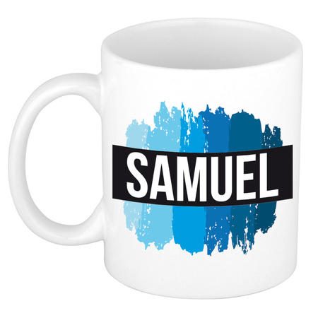 Naam cadeau mok / beker Samuel met blauwe verfstrepen 300 ml