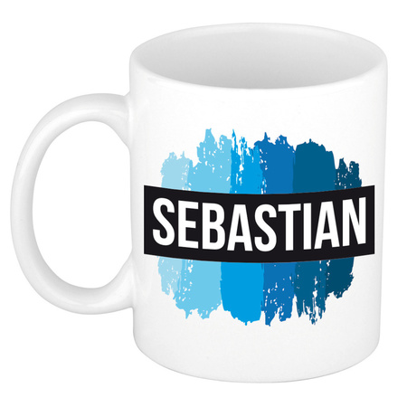 Naam cadeau mok / beker Sebastian met blauwe verfstrepen 300 ml