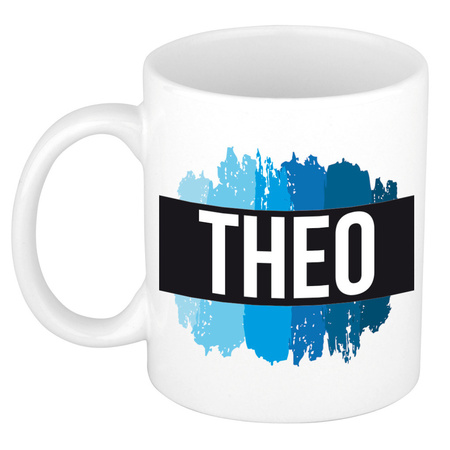Name mug Theo with blue paint marks  300 ml