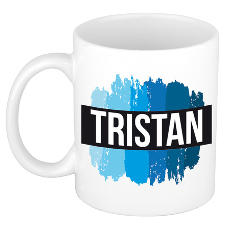 Naam cadeau mok / beker Tristan met blauwe verfstrepen 300 ml