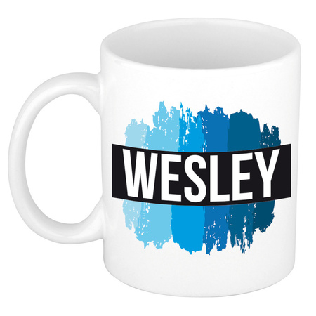 Name mug Wesley with blue paint marks  300 ml