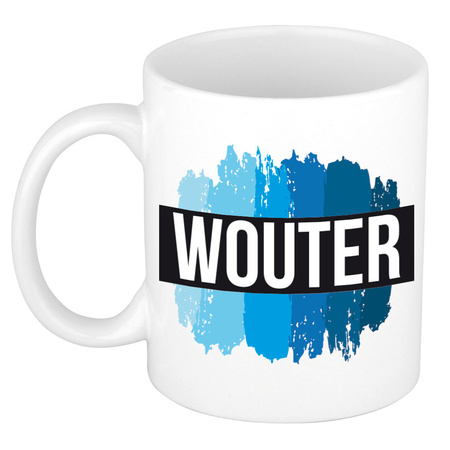 Naam cadeau mok / beker Wouter met blauwe verfstrepen 300 ml