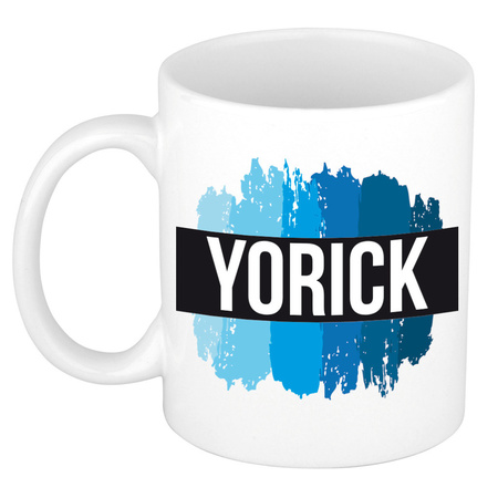 Naam cadeau mok / beker Yorick met blauwe verfstrepen 300 ml