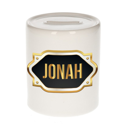 Naam cadeau spaarpot Jonah met gouden embleem
