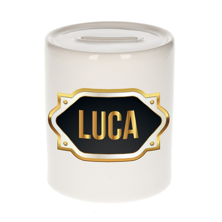 Naam cadeau spaarpot Luca met gouden embleem