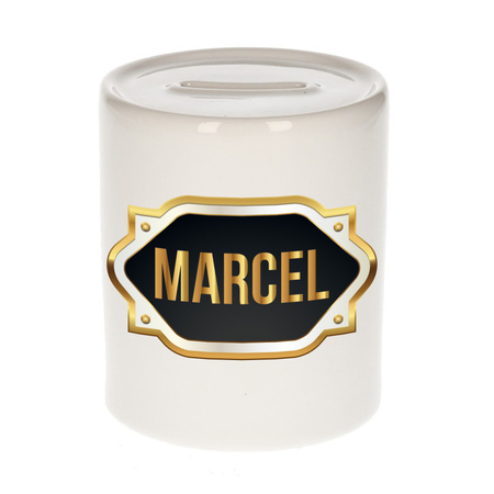 Naam cadeau spaarpot Marcel met gouden embleem