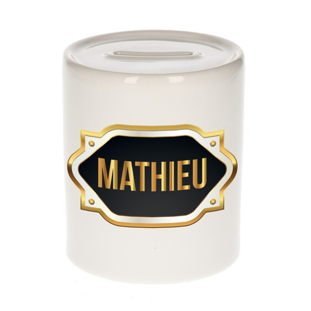 Naam cadeau spaarpot Mathieu met gouden embleem