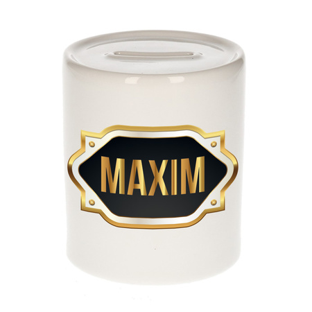Naam cadeau spaarpot Maxim met gouden embleem