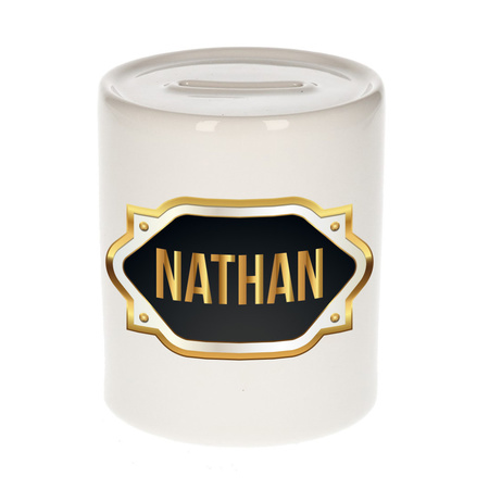 Naam cadeau spaarpot Nathan met gouden embleem