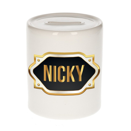 Naam cadeau spaarpot Nicky met gouden embleem