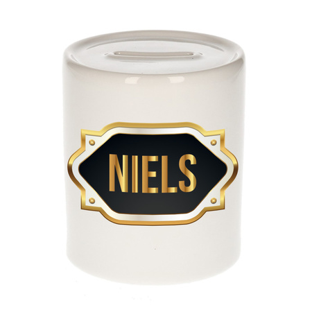 Naam cadeau spaarpot Niels met gouden embleem