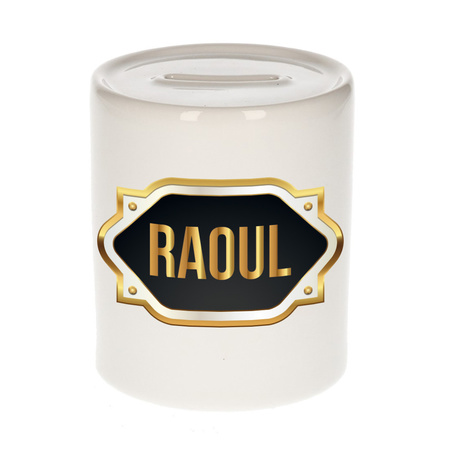 Naam cadeau spaarpot Raoul met gouden embleem