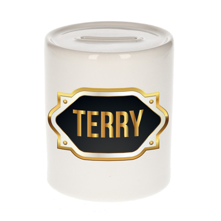 Naam cadeau spaarpot Terry met gouden embleem