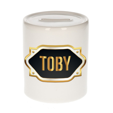 Naam cadeau spaarpot Toby met gouden embleem