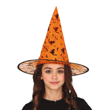 Oranje heksen verkleedhoed met Halloween print voor kinderen