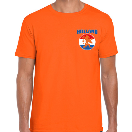 Oranje shirt met  vlag cirkel leeuw embleem op borst heren - Holland supporter shirt EK/ WK