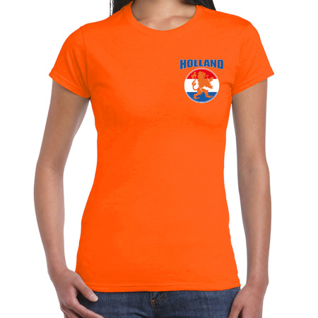 Oranje shirt met  vlag cirkel leeuw embleem op borst heren - Holland supporter shirt EK/ WK