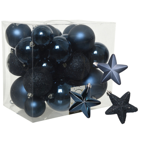 Package 32x pcs plastic christmas baubles and star ornaments dark blue
