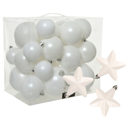 Pakket 32x stuks kunststof kerstballen en sterren ornamenten wit