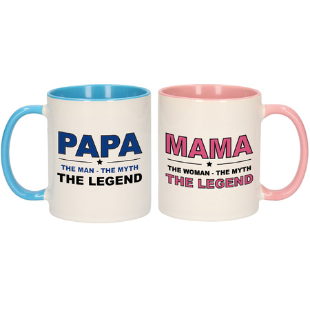 Papa en mama the legend mok met gekleurde binnenkant - Cadeau beker set voor Papa en Mama