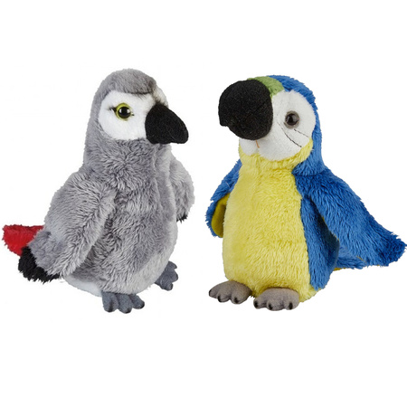 Papegaaien serie pluche knuffels 2x stuks -Blauwe en Grijze van 15 cm