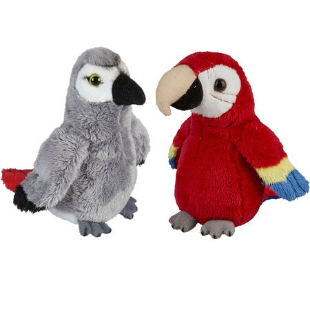 Papegaaien serie pluche knuffels 2x stuks -Rode en Grijze van 15 cm