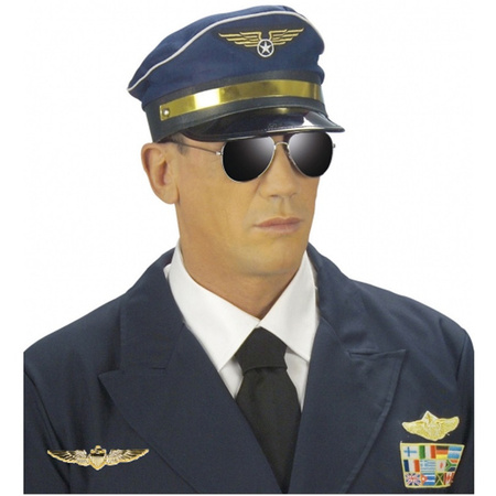 Carnaval aircraft Pilot set - hat - blue - with golden wings pin/broche - for men/woman