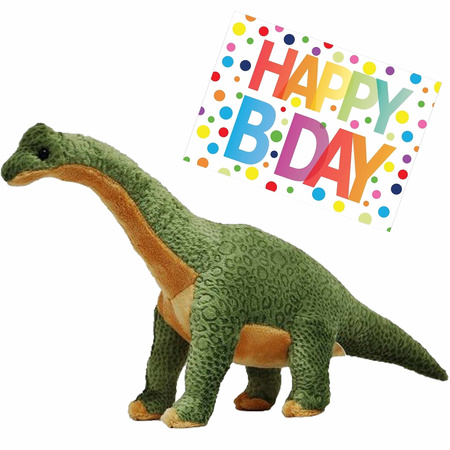 Pluche knuffel Dino Brachiosaurus van 43 cm met A5-size Happy Birthday wenskaart