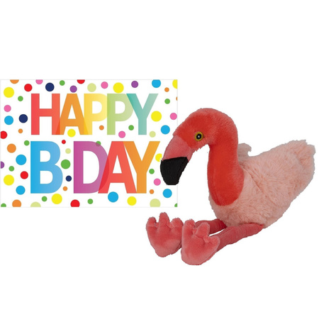 Plush soft toy flamingo 32 cm with an A5-size Happy Birthday postcard