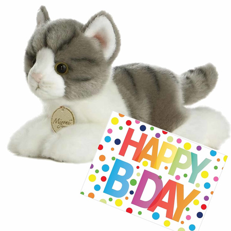 Pluche knuffel kat/poes grijs/witte 20 cm met A5-size Happy Birthday wenskaart