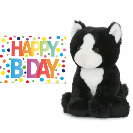 Pluche knuffel kat/poes zwart/wit 18 cm met A5-size Happy Birthday wenskaart