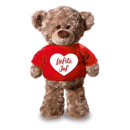 Pluche knuffel teddybeer 24 cm met liefste juf hartje t-shirt 
