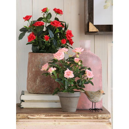 Rode Rosa/rozen kunstplant 33 cm in grijze pot