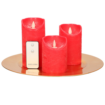 Round candle tray gold made of plastic D33 cm with 3 red LED candles 10/12.5/15 cm