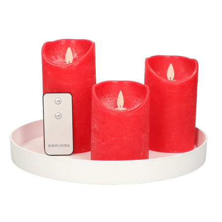 Ronde kaarsenplateau wit van kunststof D27 cm met 3 rode LED-kaarsen 10/12,5/15 cm
