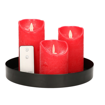 Ronde kaarsenplateau zwart van kunststof D33 cm met 3 rode LED-kaarsen 10/12,5/15 cm