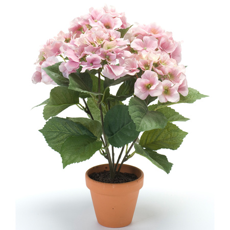 Hortensia kunstplant met bloemen lichtroze - in pot antraciet grijs - 40 cm hoog