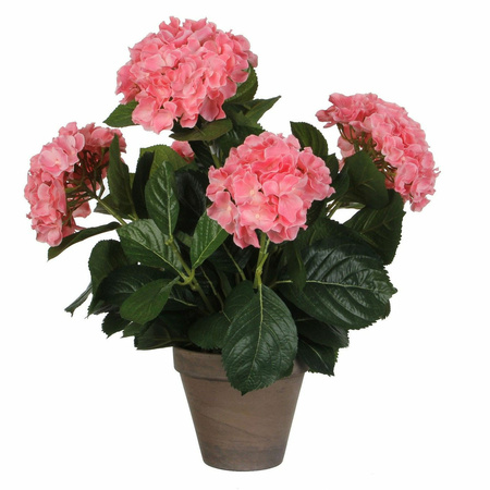 Roze Hydrangea/hortensia kunstplant 45 cm in grijze pot