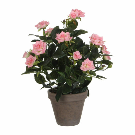 Roze Rosa/rozen kunstplant 33 cm in grijze pot