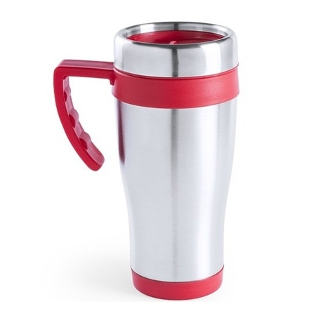 Set of 2x thermo coffee drink cups 500 ml zilver with red and black accent